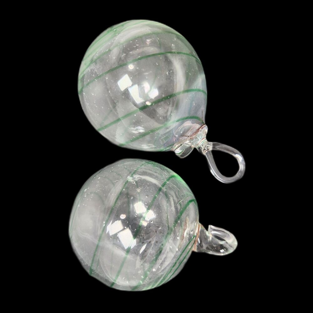 Artisan Green Swirl Clear Art Glass Ornaments  Set of 2 Hand Blown 2.5" Artglass